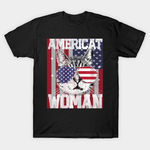 Americat Woman American Flag 4th Of July Cat Meowica T-Shirt by Jannysingle